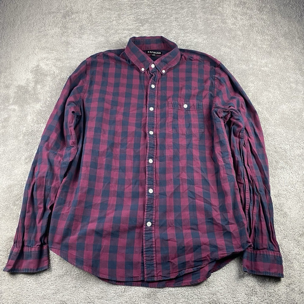 Express Long Sleeve Button Up Shirt Mens Large 16-16.5 Red And Navy Check